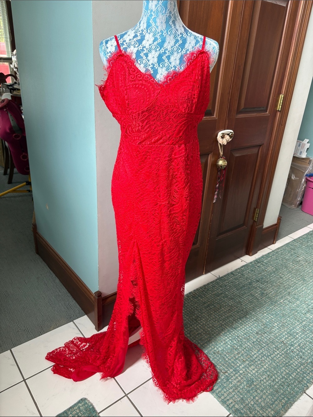 After 8 gowns Red Lace Spaghetti Strap Evening Gown v-neck
Above knee slit NWOT